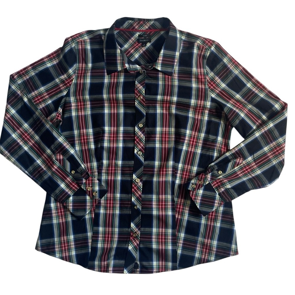 NWOT Talbots Plaid Metallic Holiday Non-Iron‎ Button Down Shirt Women’s Size 10